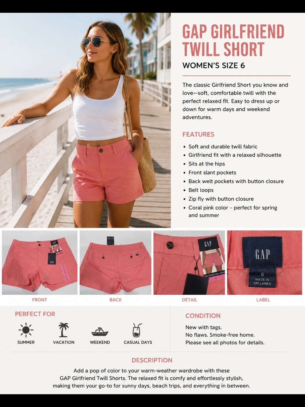 GAP Girlfriend Twill Shorts NWT Coral Pink Size 6 Women's Mid Rise Summer